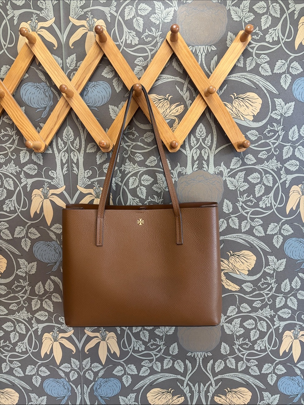 Tory Burch Brown Pebbled Tote with Gold Logo